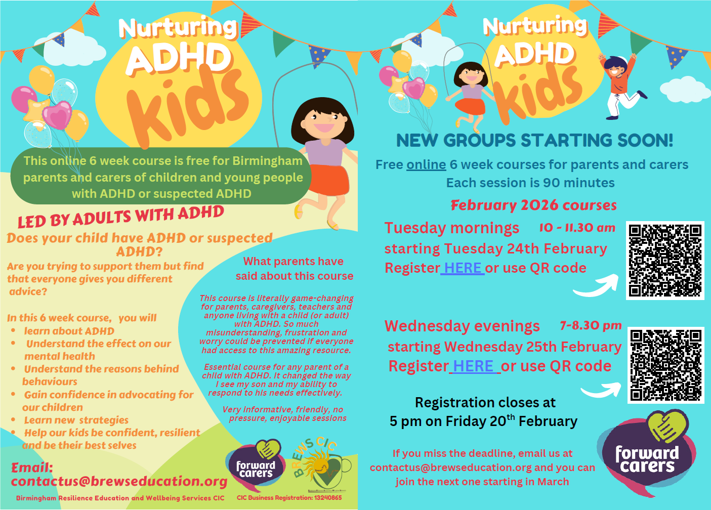 Nurturing ADHD kids. This online 6 week course is free for Birmingham parents and carers of children and young people with ADHD or suspected ADHD. LED BY ADULTS WITH ADHD Does your child have ADHD or suspected ADHD? Are you trying to support them but find that everyone gives you different advice? In this 6 week course, you will learn about ADHD Understand the effect on our mental health Understand the reasons behind behaviours Gain confidence in advocating for our children Learn new strategies Help our kids be confident, resilient and be their best selvesEmail: contactus@brewseducation.org